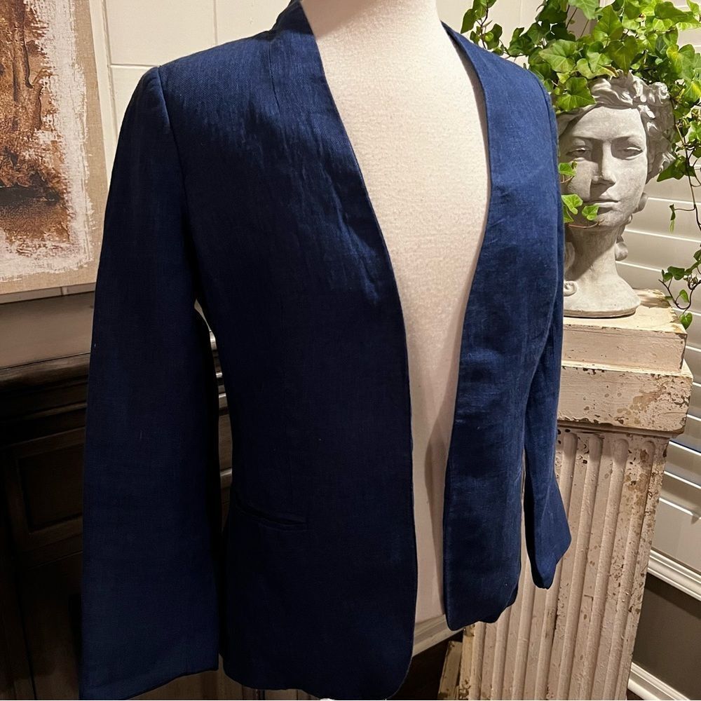 The Limited Collarless Blazer Navy Blue Linen Open Closure with 2 pockets size S